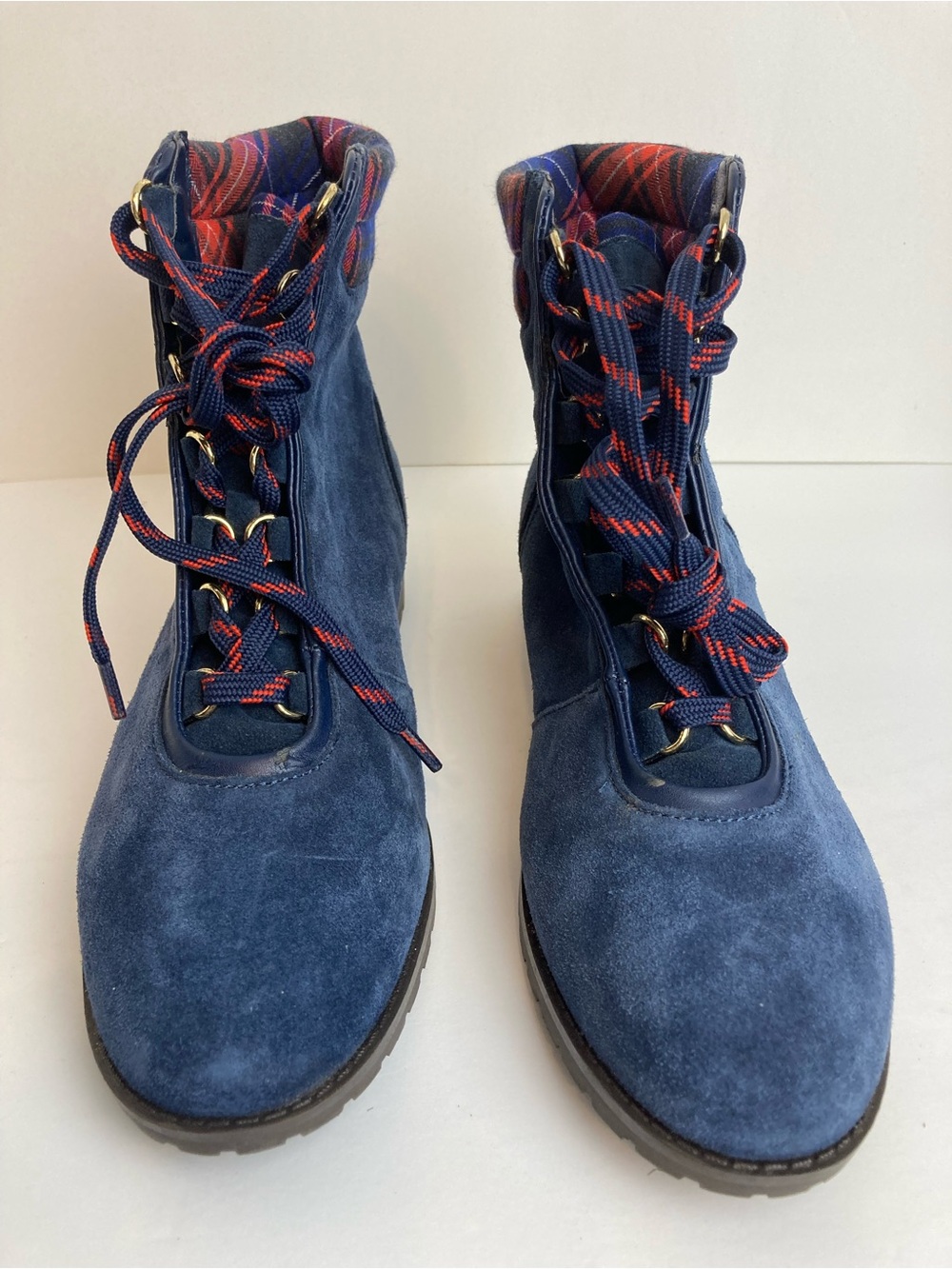 Crown & Ivy Women’s June Blue Suede Plaid Lace Up Ankle Boots Size 8M